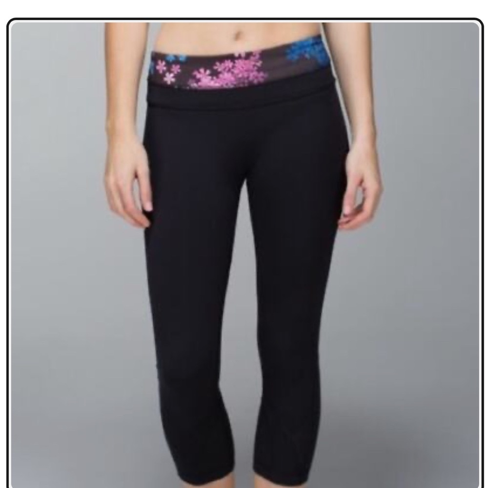 Lululemon Athletica Black Leggings with Pink Floral Waistband